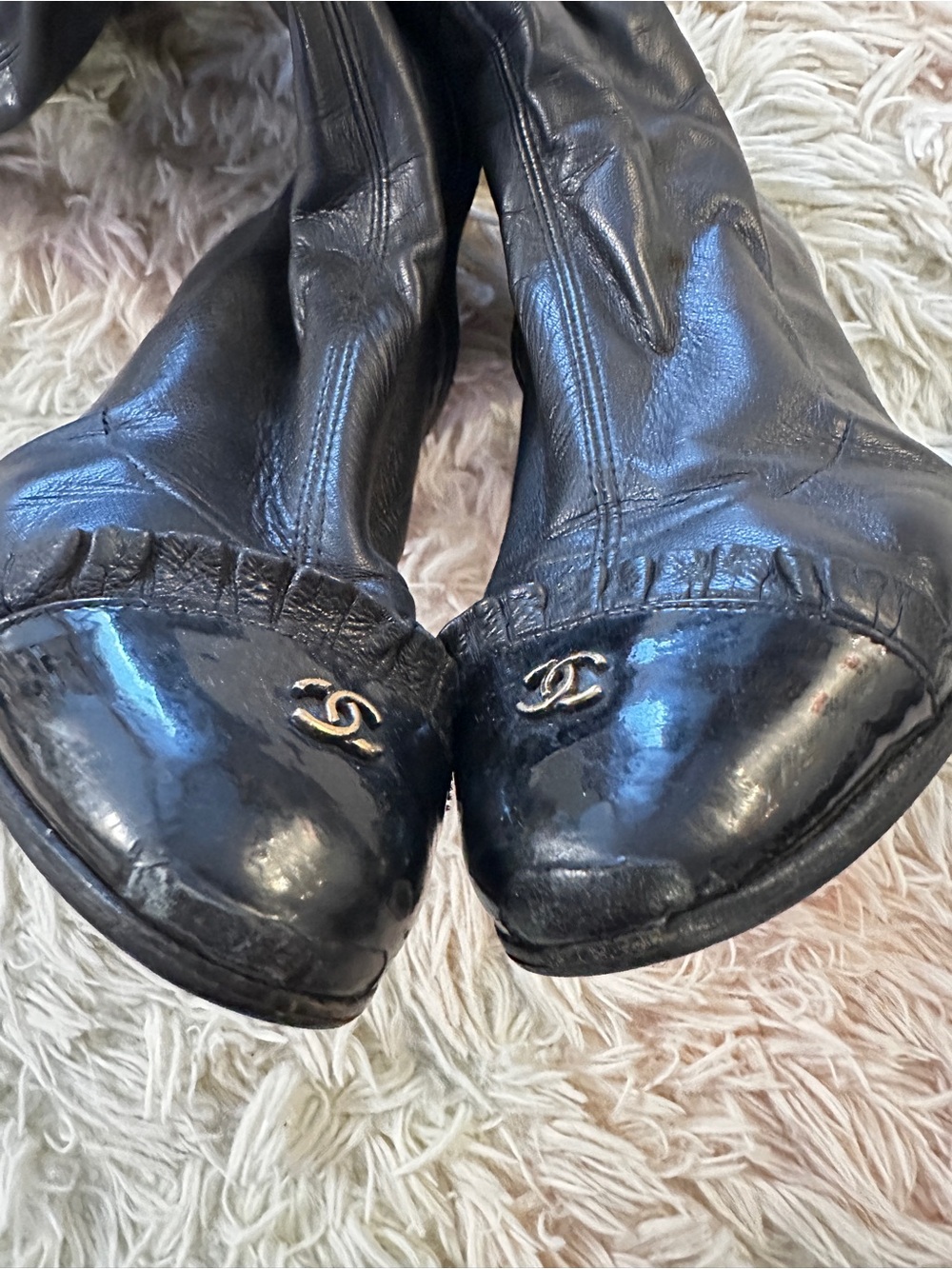 Chanel Knee High Cap Toe Ruffle CC Boots Size 36.5 - Picture 7 of 13